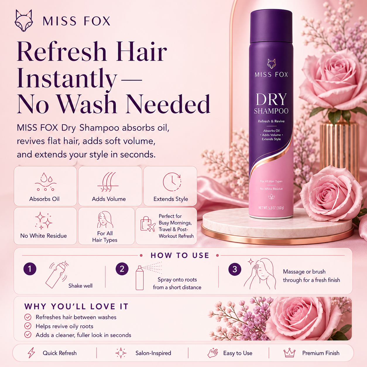 Miss Fox 150ml Dry Shampoo | Instant Oil-Eliminator Spray for a Fresh, No-Wash Glow in Seconds