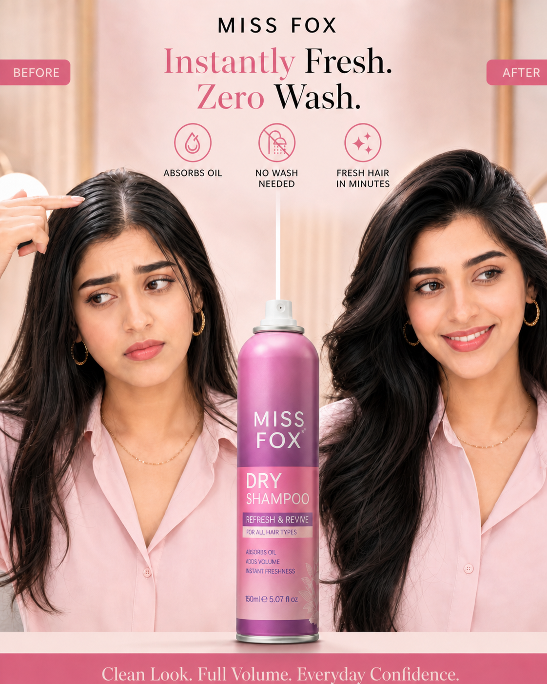 Miss Fox 150ml Dry Shampoo | Instant Oil-Eliminator Spray for a Fresh, No-Wash Glow in Seconds